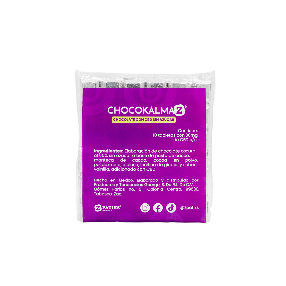 Zpatiks ChocoKalmaz 10 Tabletas de Chocolate Sin Azúcar